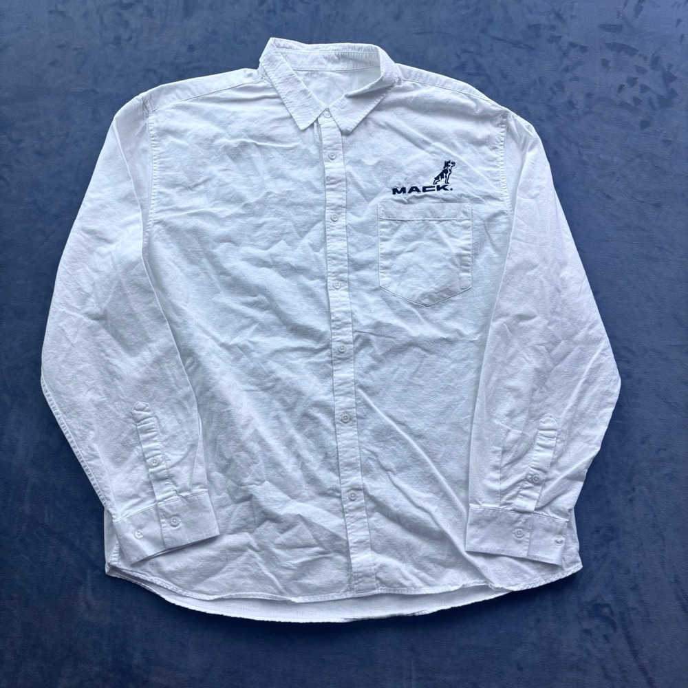 Mack Trucks Mens 2XL White Linen Cotton Blend Long Sleeve Button Up Shirt Logo